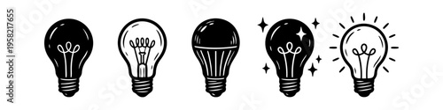 Light Bulb, Star and Glow Monochrome Icon Set. High quality stock illustration with clear subject focus, cohesive composition, and versatile commercial applicability across branding, editorial.