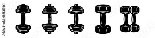 Dumbbell, Variations and Different Monochrome Icon Set. High quality stock illustration with clear subject focus, cohesive composition, and versatile commercial applicability across branding.