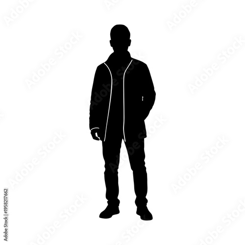 Silhouette of a man standing confidently with hands in pockets, full body shot on white background