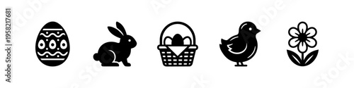 Distinct egg and bunny set in outline style. Egg, Bunny and Basket Monochrome Icon Set. High quality stock illustration with clear subject focus, cohesive composition, and versatile commercial.