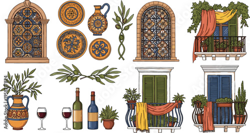 Mediterranean balcony and window vector set with ceramic tiles olive branches wine bottles plants and rustic architecture elements hand drawn illustration