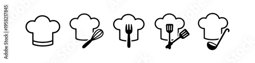 Alternative fork and spatula collection in outline style. Distinct chef hat and whisk set in outline style. Chef Hat Kitchen Tools. High quality stock illustration with clear subject focus, cohesive.