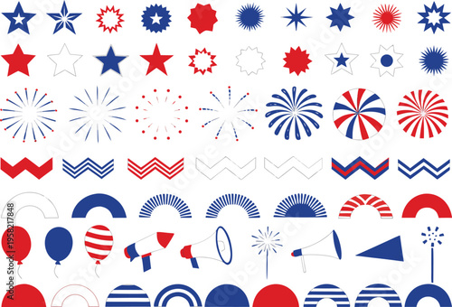 Collection of festive american patriotic graphic design elements in red white and blue colors Vector