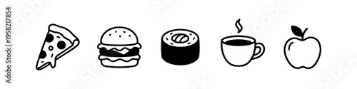 Curated line icon and monochrome icon icon pack in outline style. Variant focused on apple and food in outline style. Alternative sushi roll and coffee cup collection in outline style. Distinct pizza.