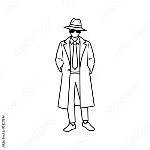Line art of a stylish man in a long coat, hat, and sunglasses standing confidently, vintage illustration