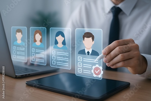 Focused businessman selects one candidate profile from several holographic applications displayed virtually, symbolizing a key step in the modern recruitment or hiring process.