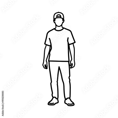 Illustration of a person standing with hands down, wearing a cap, t-shirt, pants, and shoes.