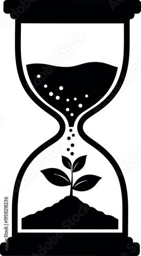Hourglass with a sprouting seedling symbolizing growth and the passage of time.