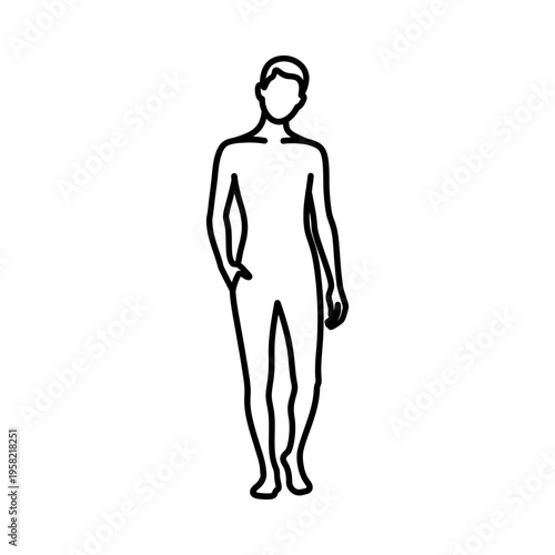 Simple black and white line drawing of a standing male figure, minimalist and neutral mood