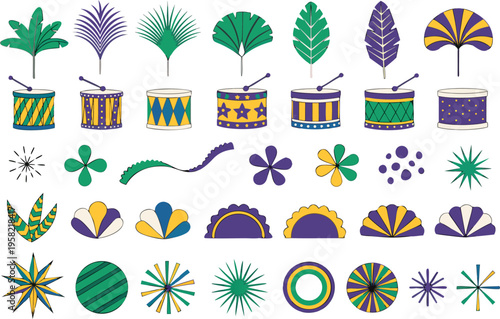 Set of colorful mardi gras festival elements including drums leaves flowers and decorative shapes Vector
