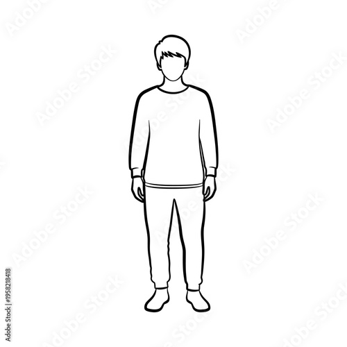 Minimalist line drawing of a young man standing, wearing a sweater and pants, neutral pose