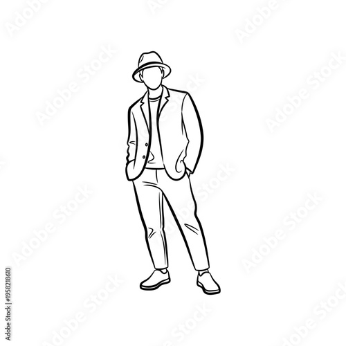 Confident man in hat and vest standing casually, hands in pockets, line drawing illustration