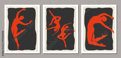 Set of Minimalist Abstract Female Dance Pose Silhouette in Red, Modern Matisse Style Cutout Posters