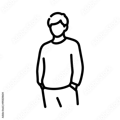 Simple line drawing of a person standing with hands in pockets, casual and relaxed mood.