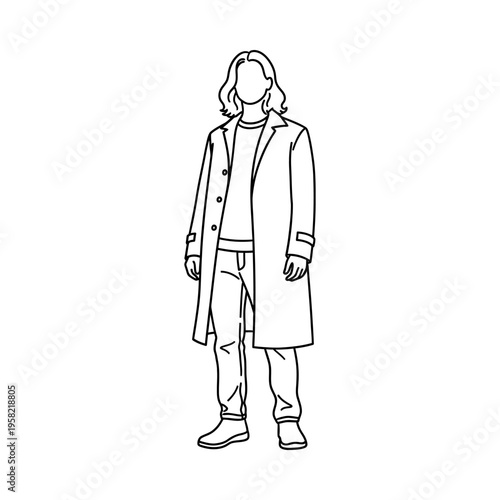 Full-length illustration of a person in a long coat and boots, standing confidently with hands in pockets
