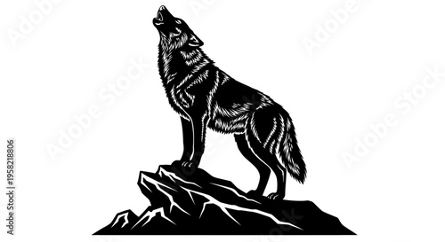 Black silhouette of a wolf howling on a mountain peak
