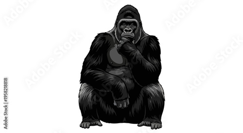 A black gorilla sitting on the ground with its hand on chin