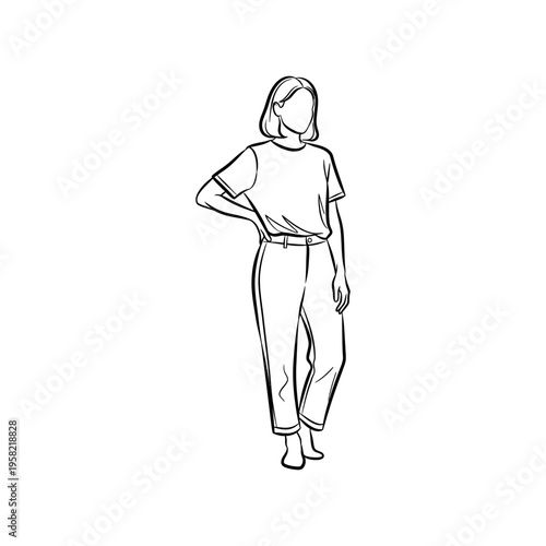 Line drawing of a woman standing confidently with hands on hips, wearing casual clothes and sneakers