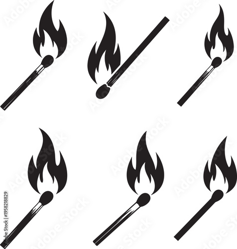 Six black matchstick icons with flames