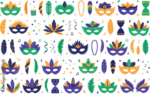 A colorful collection of mardi gras carnival masks and festive party decorations and accessories Vector