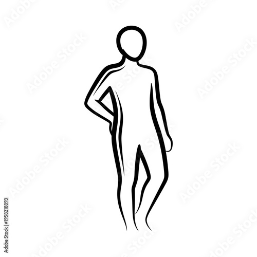 Minimalist black and white line drawing of a person standing confidently with hand on hip