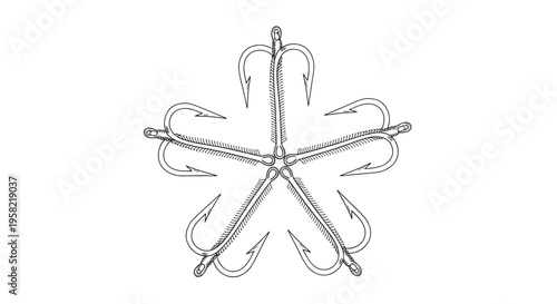 Fishing hook star pattern silhouette, radial geometric design, symmetrical arrangement, angling gear artwork, decorative illustration, outdoor sport fishing concept inspiration