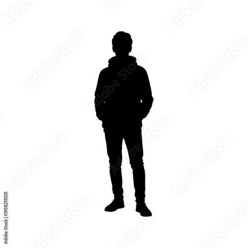 Silhouette of a person standing confidently with hands in pockets, full body view against white background
