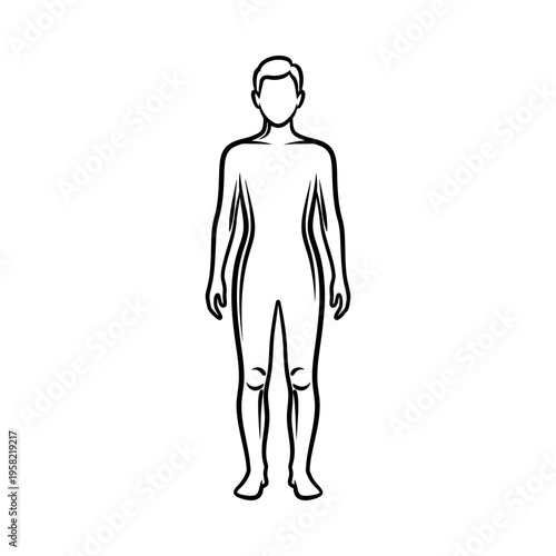 Simple black and white line drawing of a human body, front view, neutral pose, minimalist style