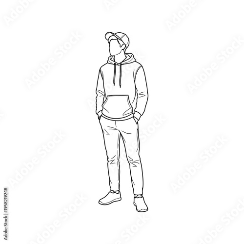 Line drawing of a person standing confidently with hands in pockets, wearing a hoodie and cap
