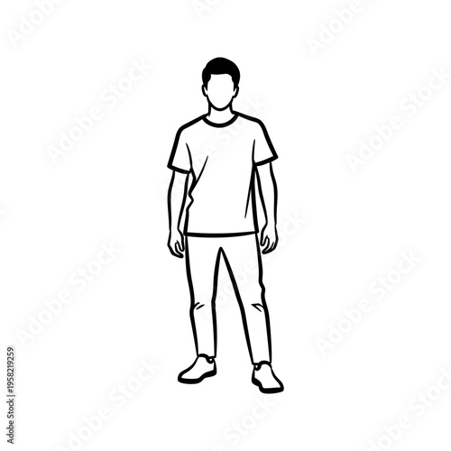 Minimalist line drawing of a young man standing confidently with hands by his side, casual attire