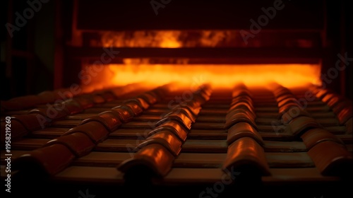 Terracotta clay roof tiles being fired in an industrial kiln with intense heat and glowing orange light