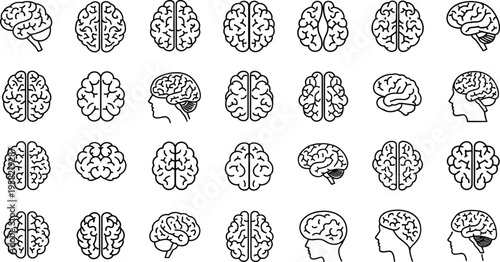 Brain icon set, human mind, neuron design, psychology symbol, anatomy illustration, medical science, black vector, minimalist style, flat silhouette