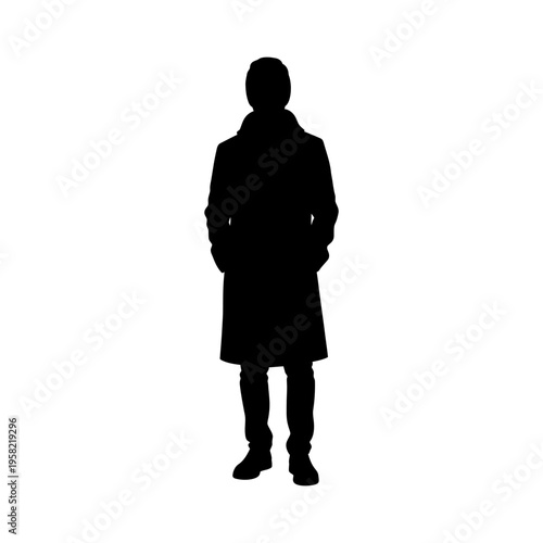Silhouette of a man standing with hands in pockets, wearing a long coat, full-length shadow profile