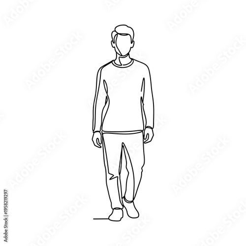 Minimalist line drawing of a man standing casually in a relaxed pose, wearing a sweater and pants