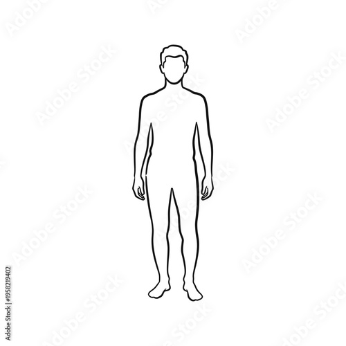 Minimalist line drawing of a standing male figure, full body view, neutral pose, simple and clean