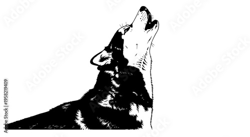Black and white illustration of a wolf howling