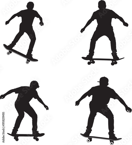 Silhouette of a skateboarder in four different positions