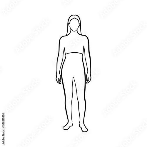 Minimalist line drawing of a woman standing straight, full body view, isolated on white background