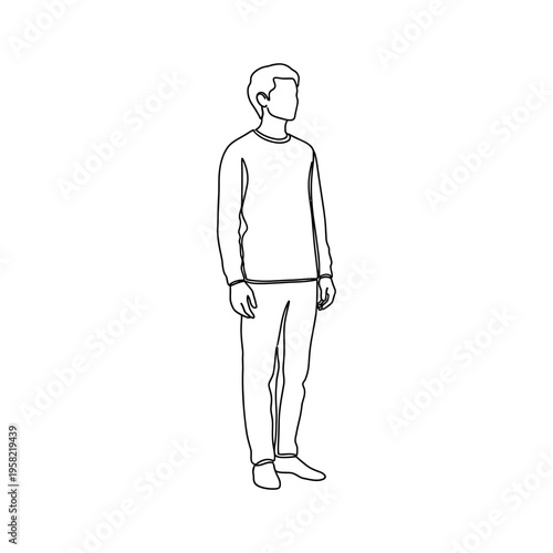 Minimalist line drawing of a young man standing casually in a relaxed pose, wearing a sweater and pants