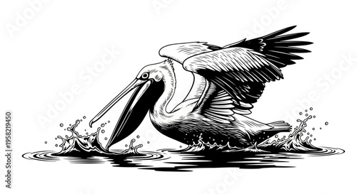 Black and white illustration of a pelican emerging from water with wings spread