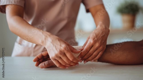 Black patient wrist wrapped in clinic white nurse secures gauze and elastic bandage while assistant smooths dressing, gentle finger repositioning, caregiver checks circulation, soft natural light