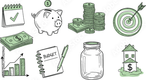 Personal finance and budgeting vector set with piggy bank savings jar cash stacks target goal and expense planning elements illustration collection