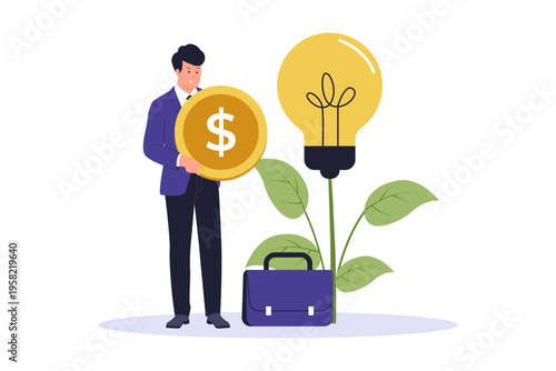 Angel Investor Supporting Early Stage Startup Business. An illustration of an individual angel investor providing seed money and mentorship to a new entrepreneur