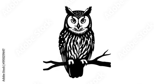 Black and white illustration of an owl sitting on a tree branch