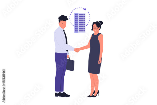 Business Acquisition and Corporate Merger Strategy. Illustration of two companies joining together or one larger company acquiring another, representing corporate growth, and strategic expansion