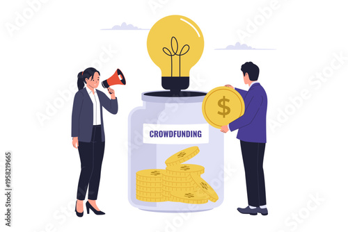 Online Crowdfunding Platform for Creative Project Funding. A group of diverse people contributing small amounts of money through a digital platform, symbolizing community-driven funding