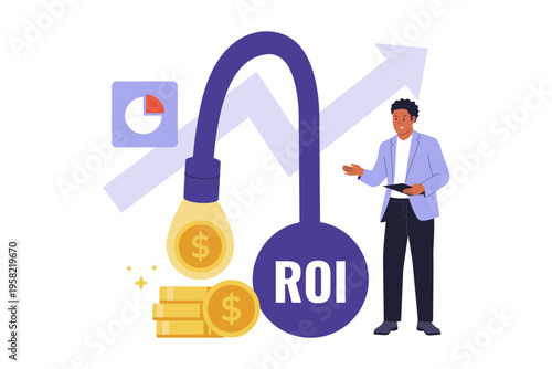 ROI Return on Investment Analysis for Startup Business. A businessman analyzing growth charts and profit margins, symbolizing the calculation of returns on capital invested in a startup project