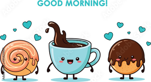 Cute breakfast characters donut coffee cup and chocolate bun with happy faces cartoon style good morning illustration