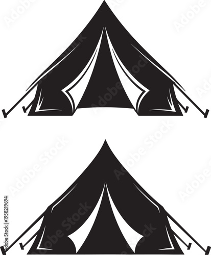 Black illustration of two camping tents in silhouette style