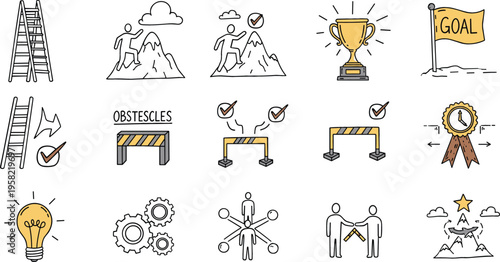 Goal achievement and success vector icon set with ladder mountain trophy obstacles teamwork and progress symbols business motivation illustration collection
